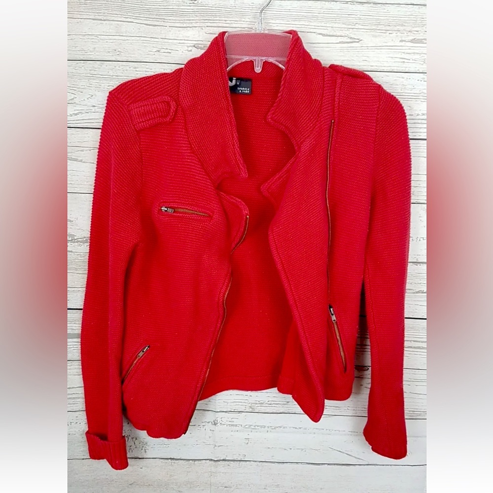 Sparkle And Fade Red Abstract Zipper Coat Sz Small - image 5
